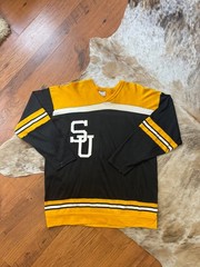 1950s Lubins rink supply durene black and yellow hockey jersey XL