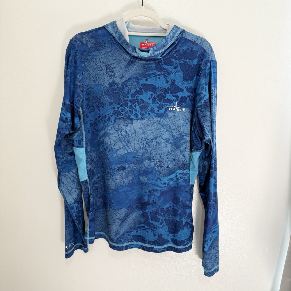 Habit Realtree Wave Solar Factor Hooded Shirt Men L Blue Camo UPF VGUC