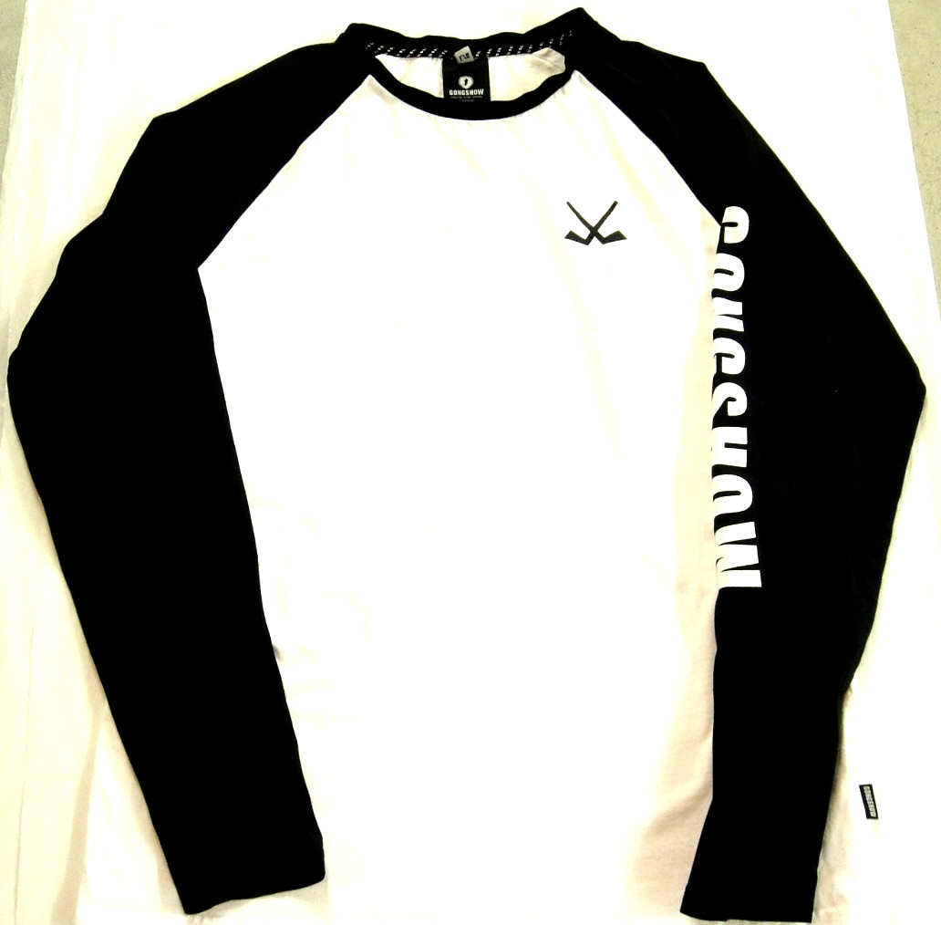 Gong Show Mens Long Sleeve T-Shirt White w Black Raglan Sleeves Hockey Sz Large gallery