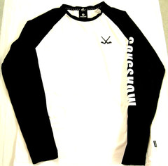 Gong Show Mens Long Sleeve T-Shirt White w Black Raglan Sleeves Hockey Sz Large