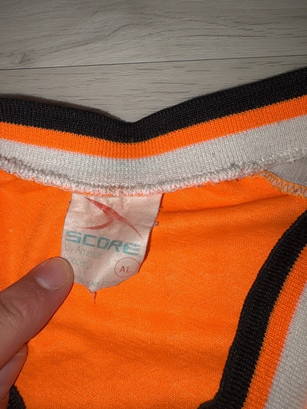Vintage Score American Soccer Co AYSO Soccer Jersey Adult Large Orange 90s gallery
