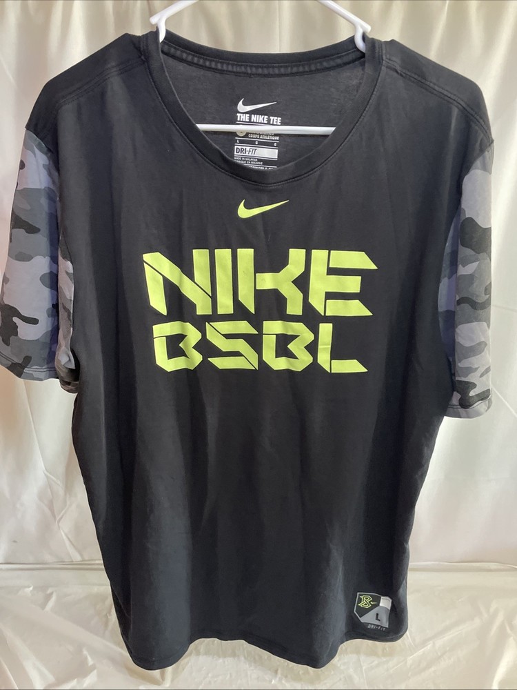 Nike Men Activewear Top L Black Camo Dri-Fit Swoosh Logo BSBL Center Swoosh