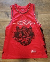 Supreme Mens Medium ANIMAL Basketball Jersey Ss20 Red Evil Cat Spellout Worn 2x