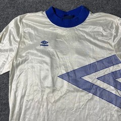 Umbro Jersey Mens Size M White Blue Graphic Shiny Short Sleeve Athletic Shirt