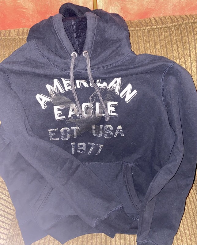 American Eagle Men’s Lg Hooded Sweatshirt Black With Gray/Cream Accent EUC gallery