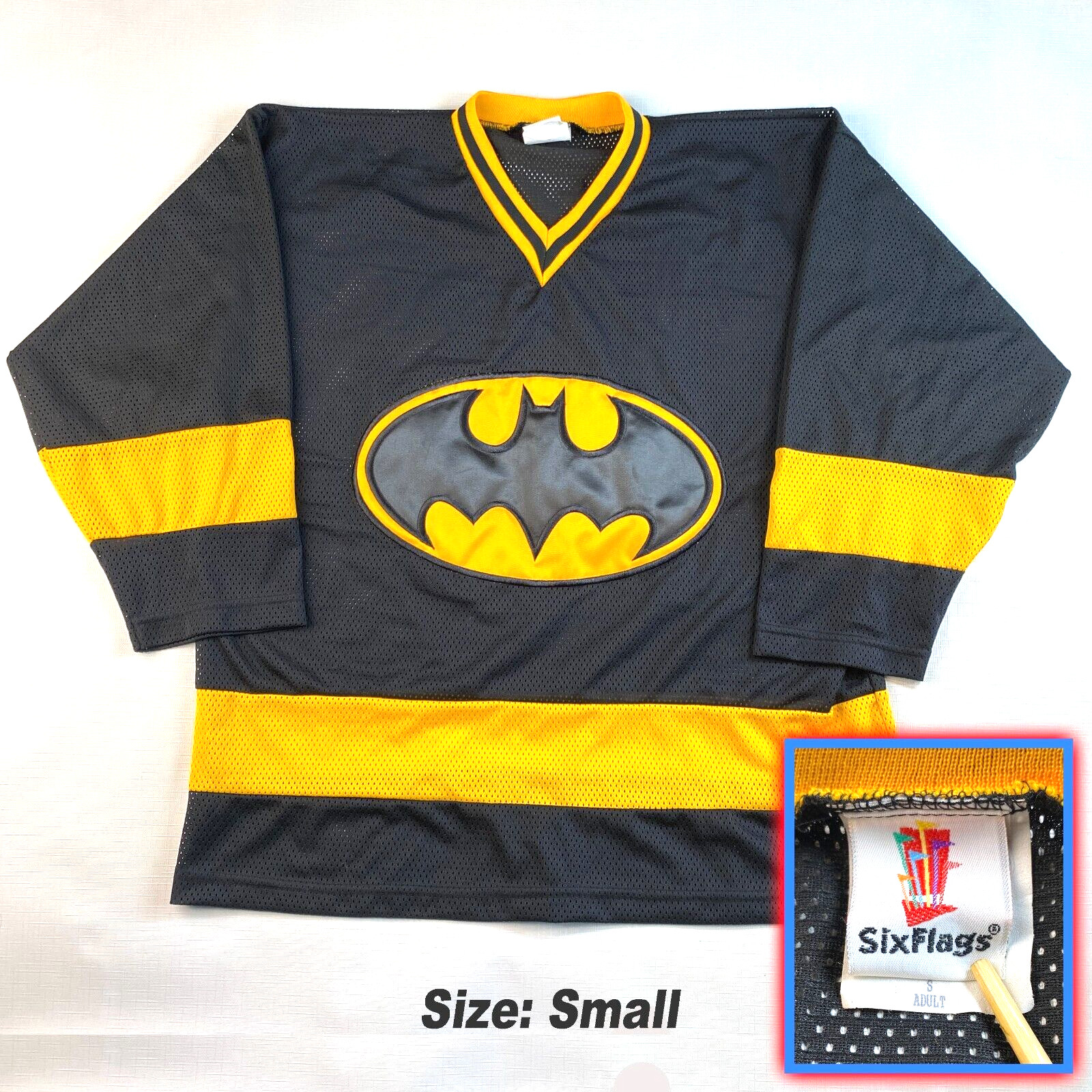 VTG 2000 BATMAN "6 FLAGS" MESH JERSEY! Y2K Black Yellow Long Sleeve Sz Adult S gallery