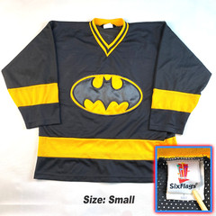 VTG 2000 BATMAN “6 FLAGS” MESH JERSEY! Y2K Black Yellow Long Sleeve Sz Adult S
