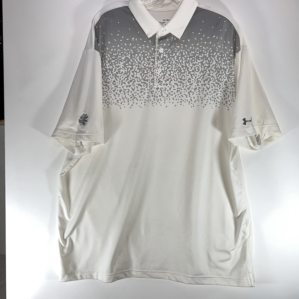 Mens Under Armour Polo Shirt White Black Spotted Loose Fit Size XLarge (Logo)