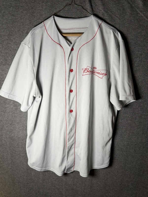 Budweiser Beer Baseball Jersey Gray Button Up #76 Short Sleeve Men Large L gallery