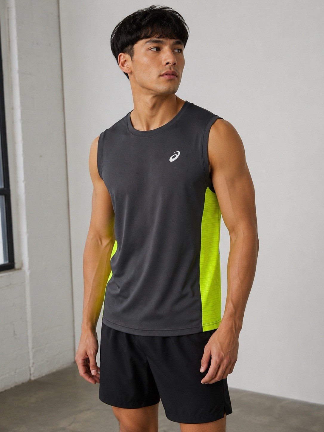 NWT ASICS Men’s Small Sleeveless Running Shirt Gray Neon Yellow Athletic Tank gallery
