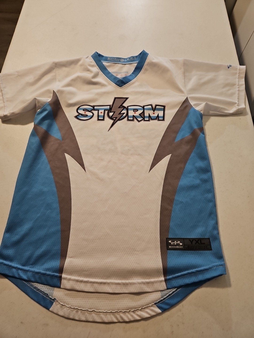 Boombah Storm Jersey De Leon 22 White/Blue YXL 100% Polyester (A1212) gallery