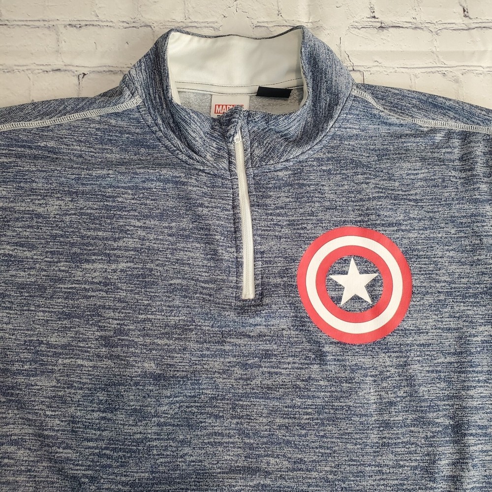 Marvel Captain America Large Blue Space Dye Quarter Zip Pullover Shield Logo