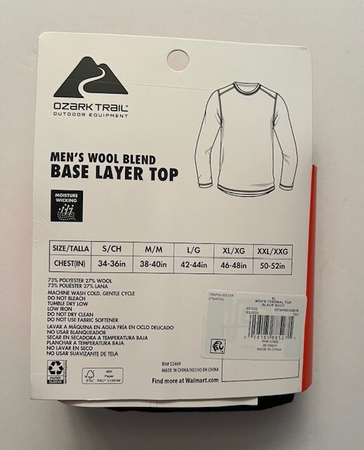 Ozark Trail Men’s Wool Blend Base Layer Top Size XL (46-48) Black gallery