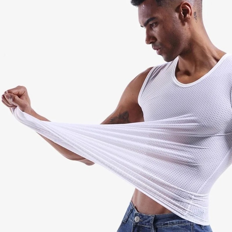 Men's Ice Silk Mesh Tank Tops Man Gym Transparent Bodybuilding Sleeveless T-shir gallery