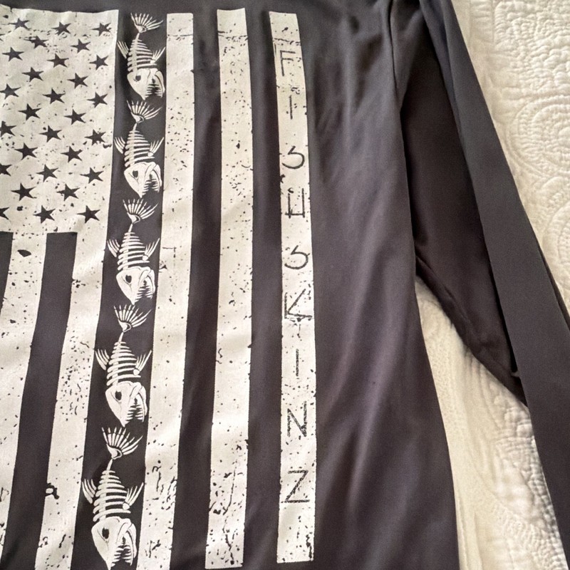 Men’s Black Long Sleeve Polyester Crew Neck T-Shirt American Flag Fish Graphic M gallery