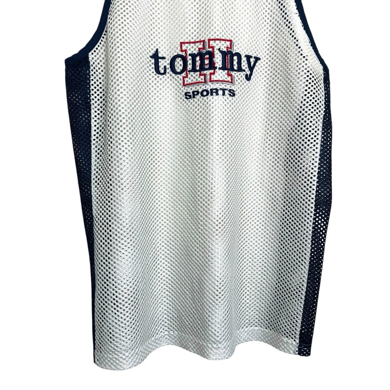 VTG 90s Tommy Sports Mesh Jersey Tank White/Blue Large Y2K Spellout gallery