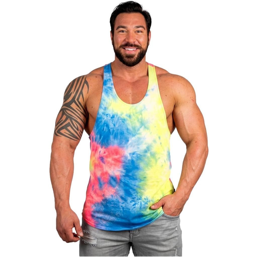 Men's Tie Dye Bodybuilding Tank Retro Muscle Gym 70s gallery