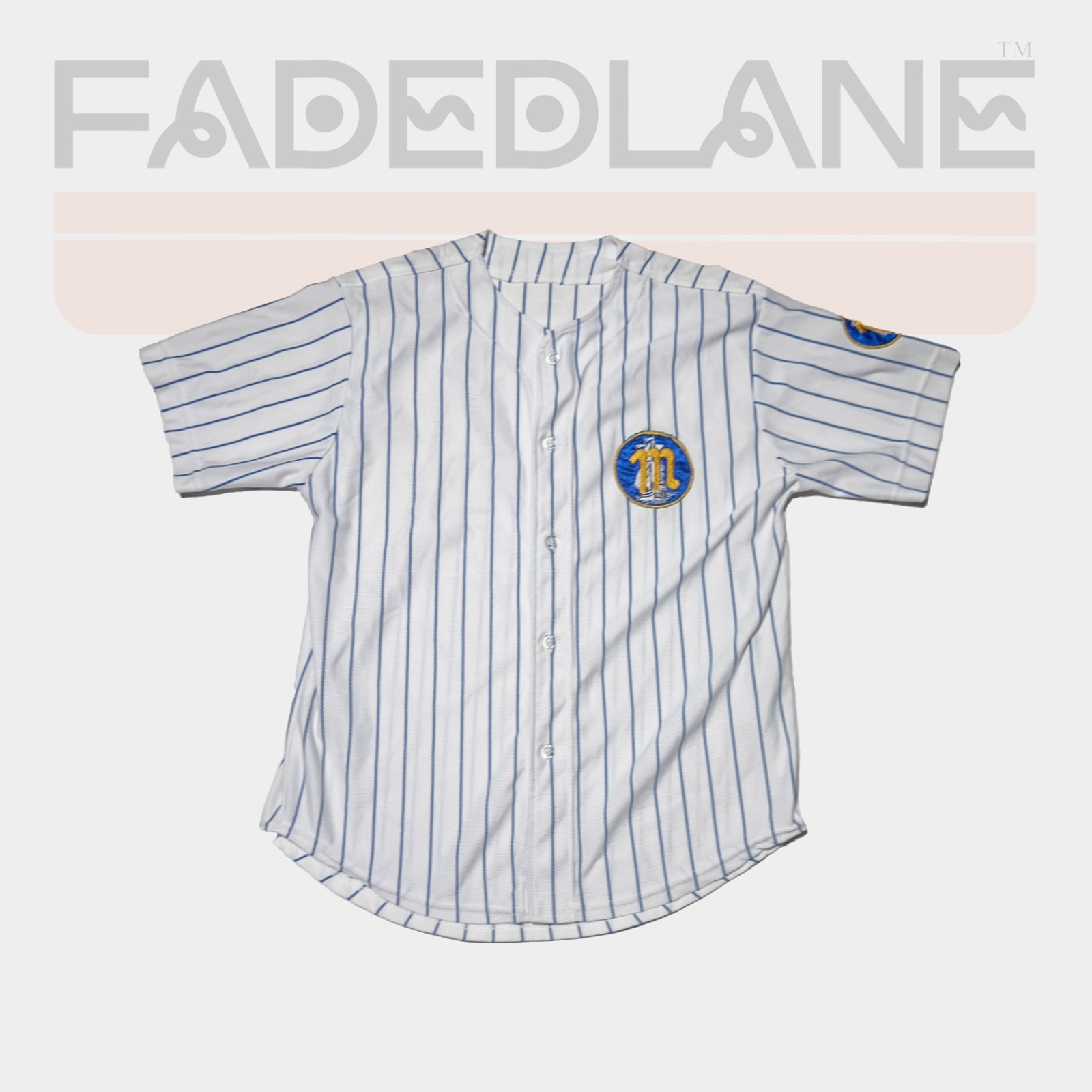 Vintage M White & Blue Pin Striped Baseball Jersey, Size Large gallery