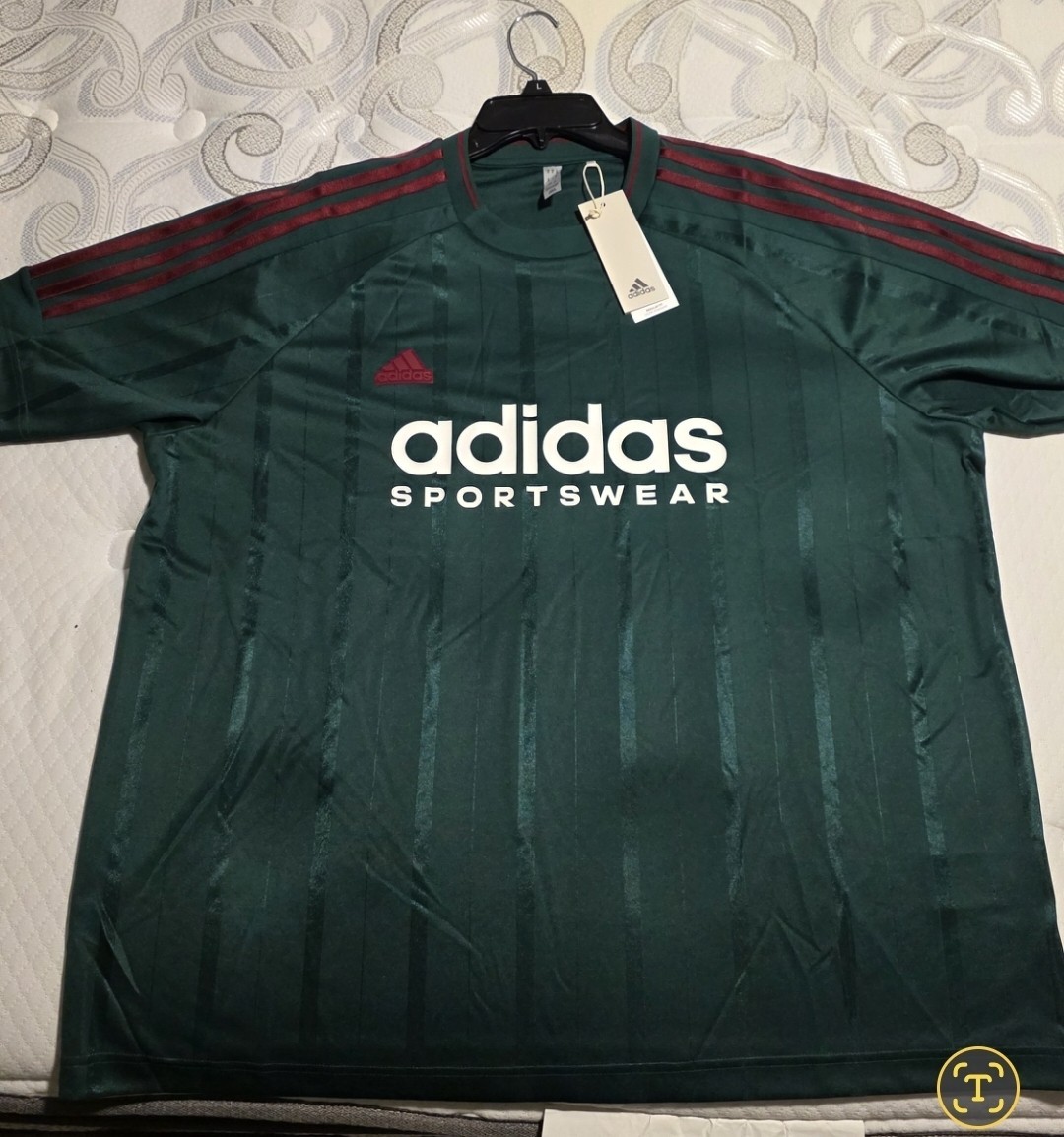 adidas Sportswear Men’s XL Green Polyester Crew Neck Jersey Tee Striped Logo gallery