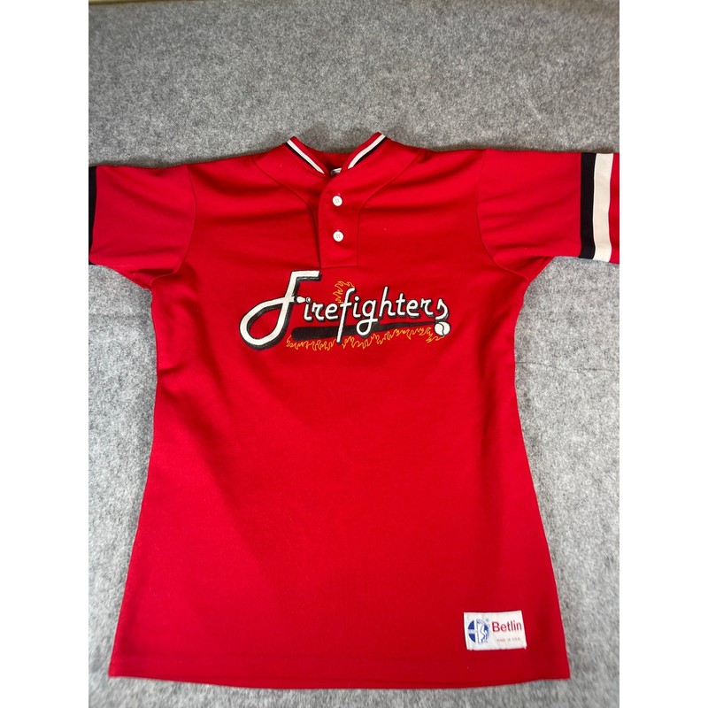 Vintage Firefighters Betlin Polo Shirt Mens Large Red Flame Baseball Sportswear gallery