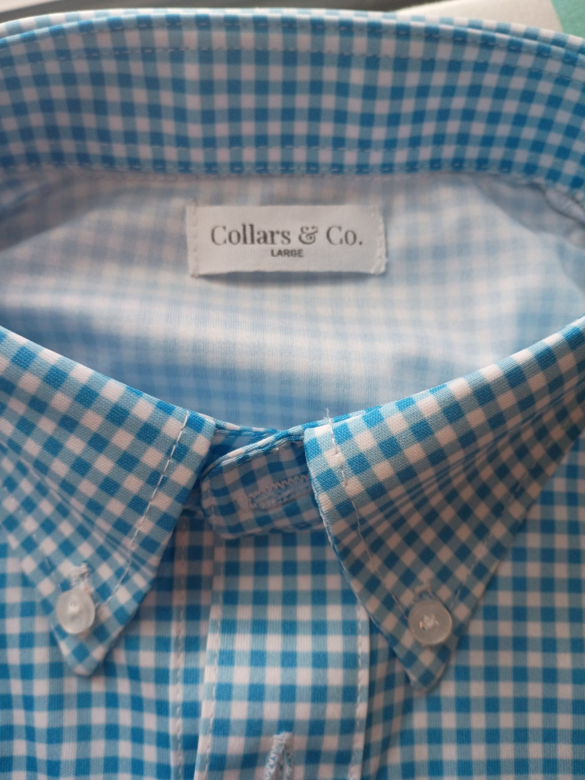 Men's Collars & Co. Size Large Blue/White Check Stretch Dress Collar Polo Shirt gallery