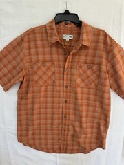 Orvis Men’s Tech Chambray Short-Sleeve Work Shirt in orange plaid pattern Large