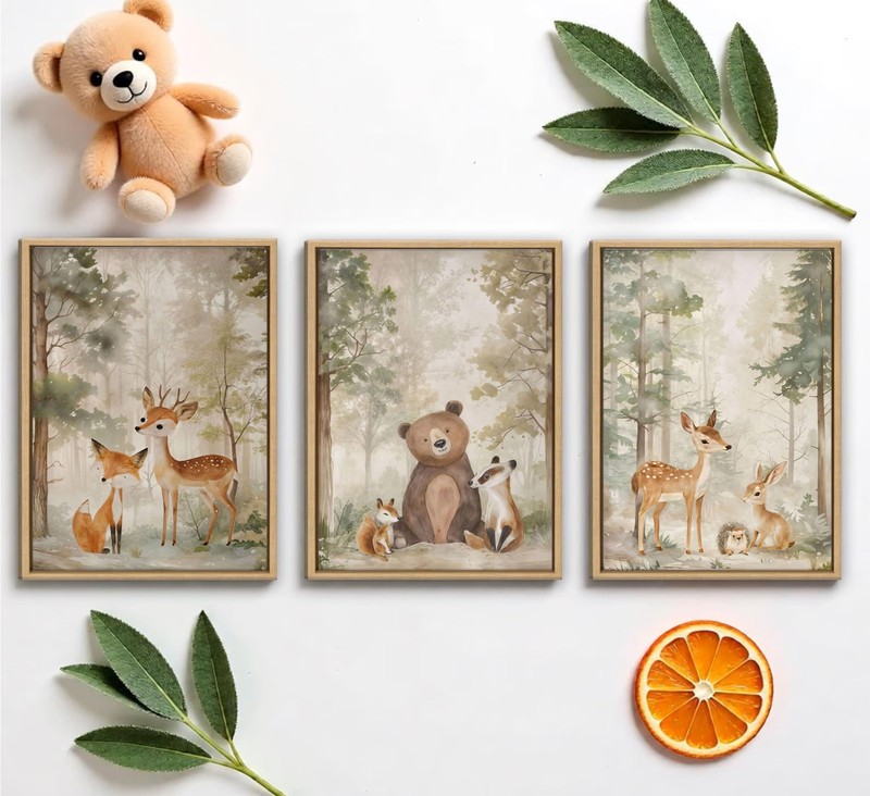 Framed Woodland Animal Nursery Canvas wall art Wild Animals Forest Paintings Pic gallery