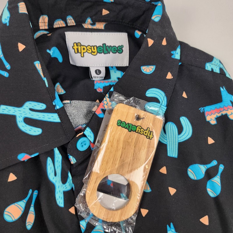 Tipsy Elves Shirt Men Large Multi Midnight Fiesta Hawaiian S/S Button Up NWT gallery