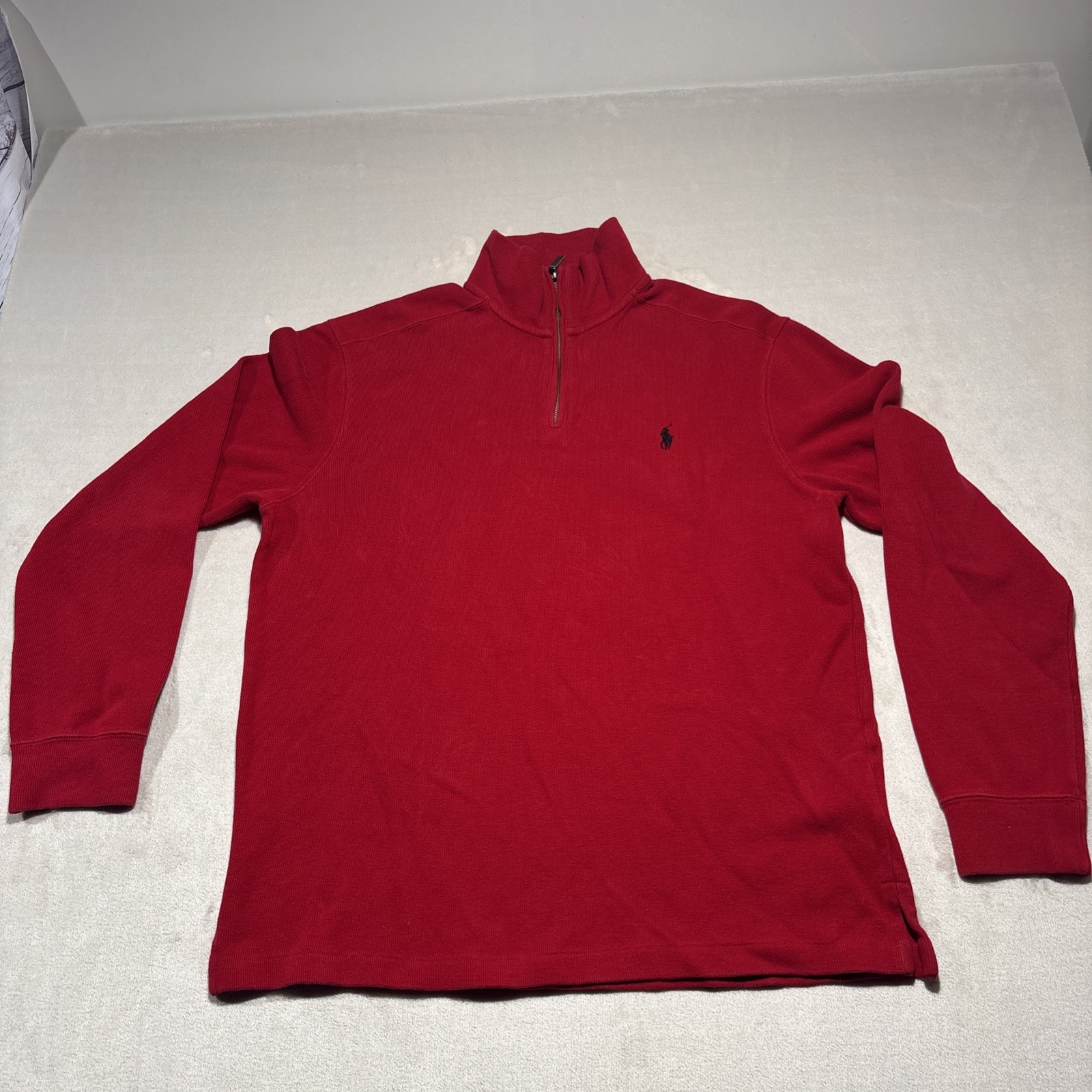 Polo Ralph Lauren Estate Rib Red Sweater Men's Large 1/4 Zip Pullover Navy Pony gallery