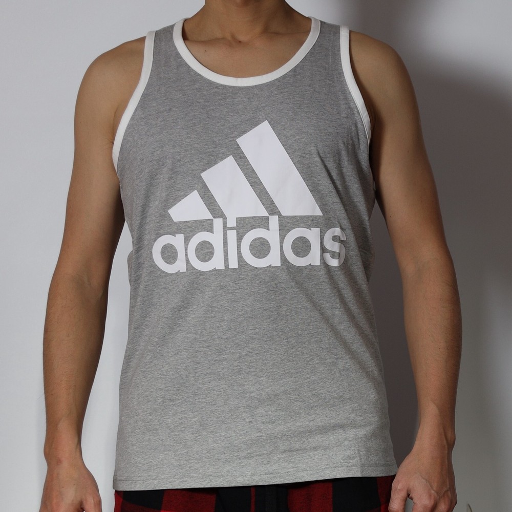 adidas Men's Badge of Sport Classic Tank Top Grey White 100% Cotton Size M L XL