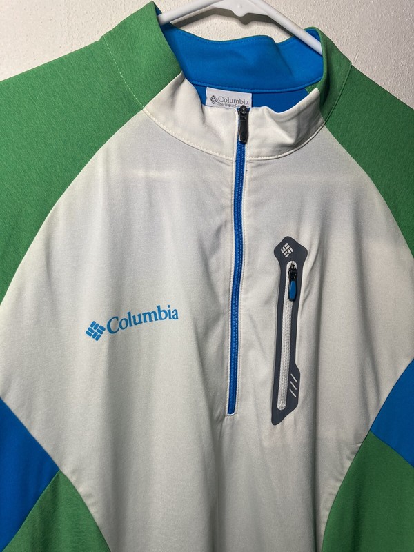 Columbia Omni-Freeze Green White Blue 1/4 Zip Mens Large Breast Pocket Shirt gallery