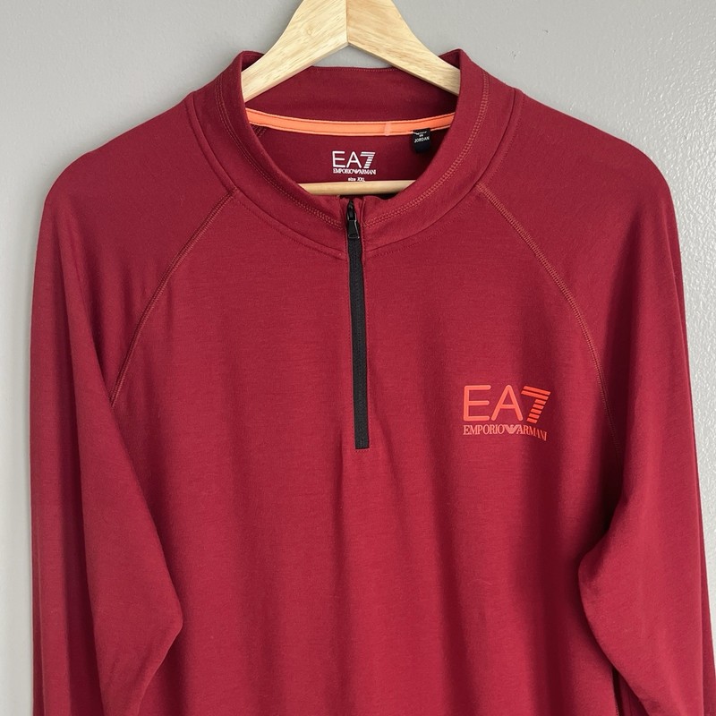 Emporio Armani 1/4 Zip Pullover Shirt EA7 Tee Long Sleeve Red Men's XXL *Stains gallery