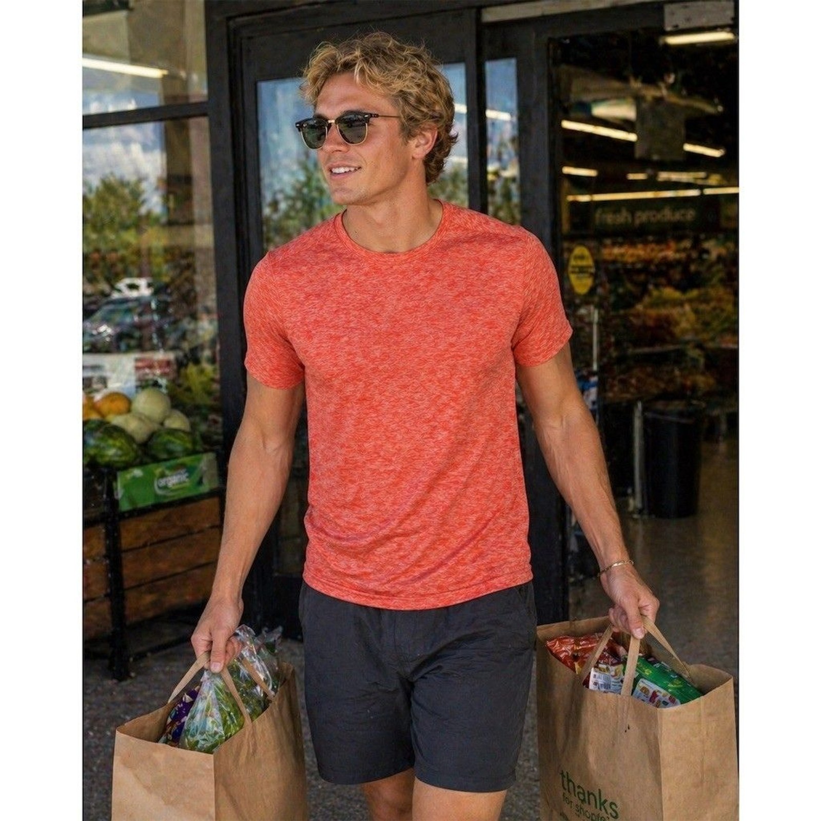 Real Essentials Men's Performance T-Shirt Orange Heather Quick Dry Size M gallery