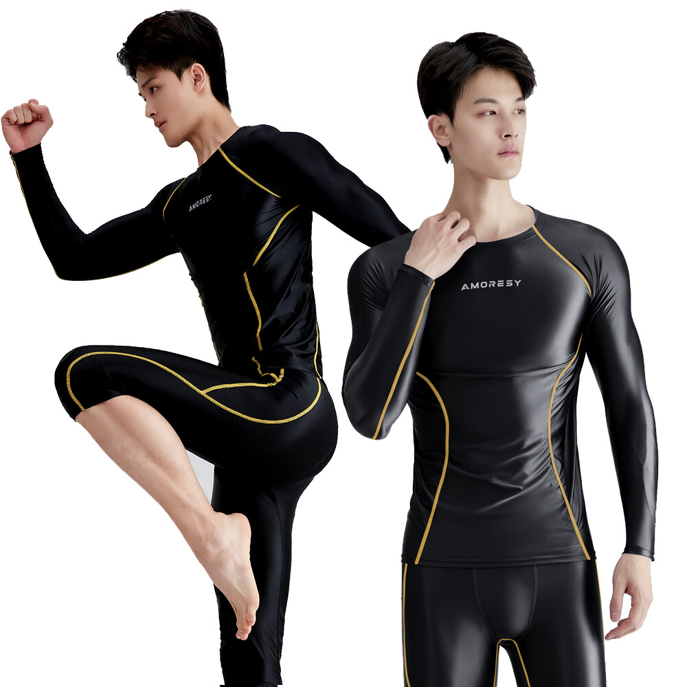 AMORESY Men Glossy Activewear Tops Long Sleeve Running Sports Round Neck T-Shirt