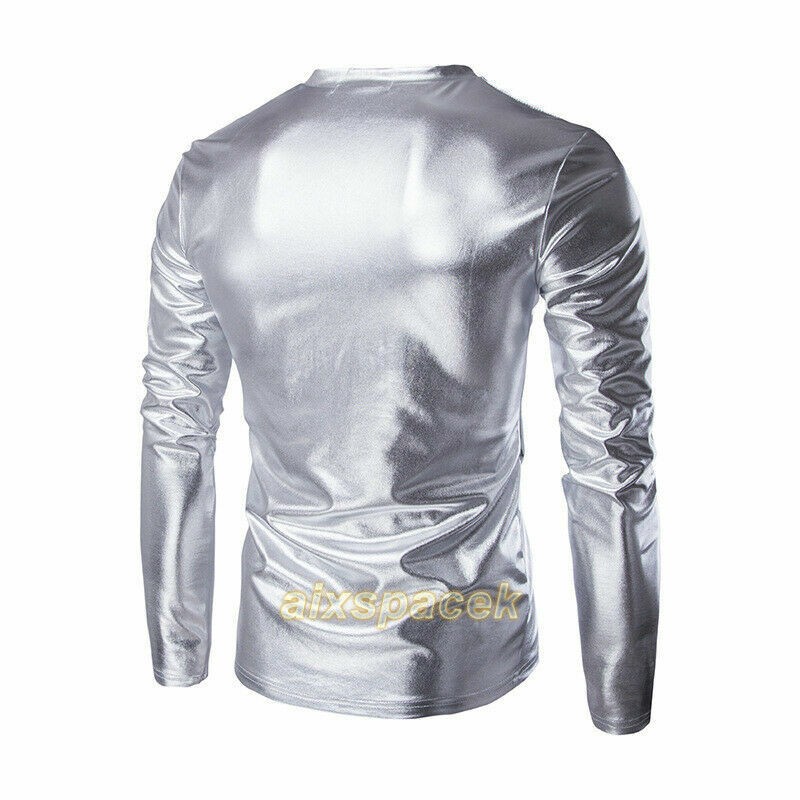 Men Metallic Shiny Shirt Long Sleeve V Neck T-shirt Tops Party Fancy Clubwear gallery