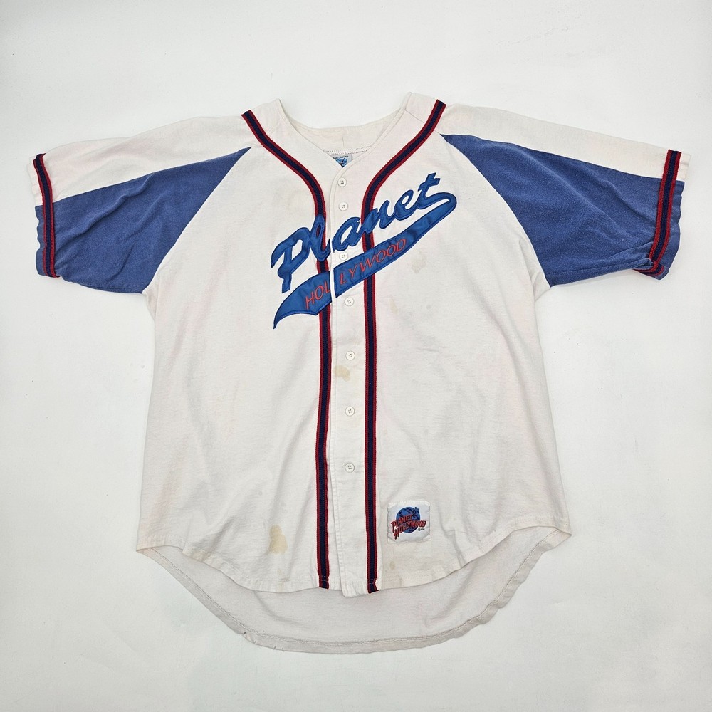Vintage Planet Hollywood Baseball Jersey Shirt Men's Size Large White Blue Red