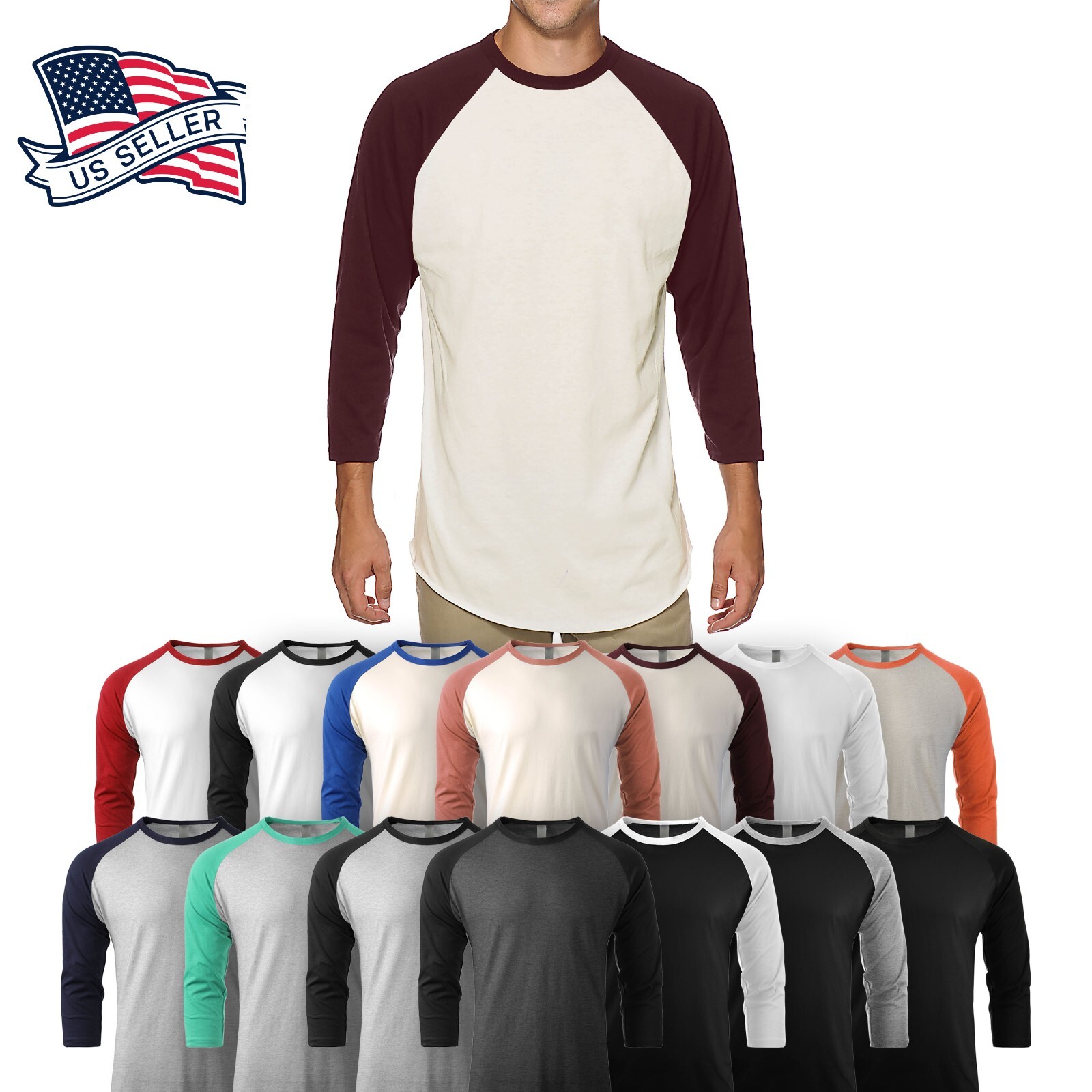 Mens Baseball RAGLAN T Shirts 3/4 Sleeve Tee Plain Team Sport Jersey Solid Casua gallery