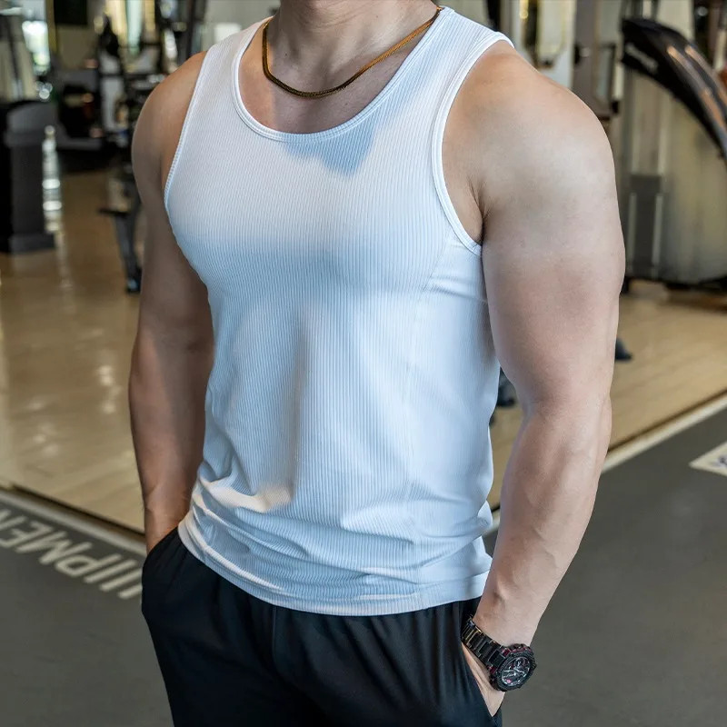 Men's Vest Elasticity Stripe Round Neck Over Sized Sleeveless T-Shirt Gym Sports gallery