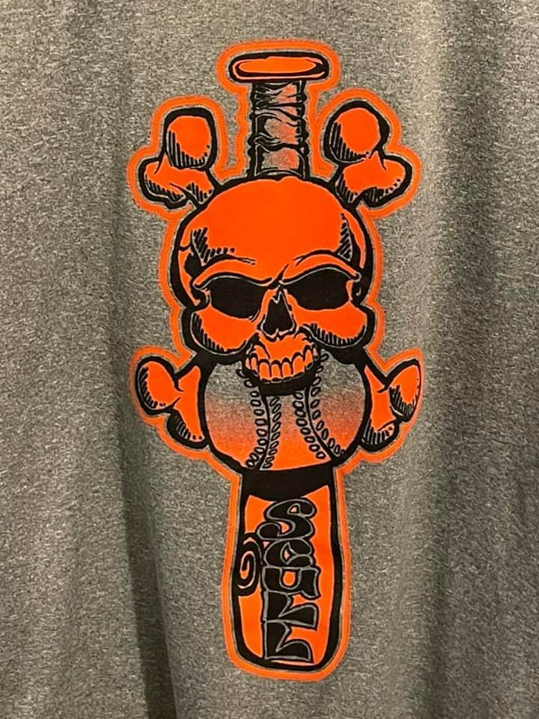 Sport-Tek Men's Short Sleeve Skull T-Shirt Blocked Sleeve Size XL Gray/Orange gallery