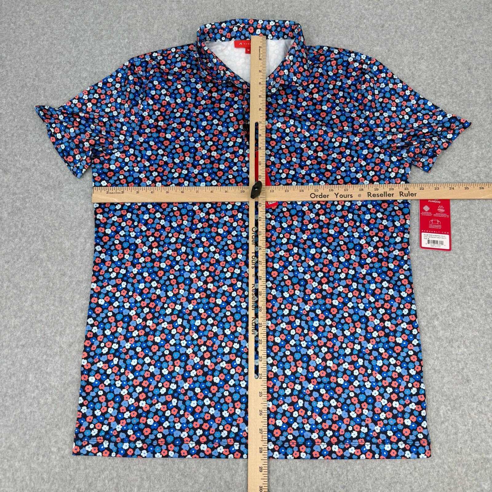 Redvanly Marne Polo Shirt Golf Men's Medium Midnight Navy Blue Floral Pattern gallery