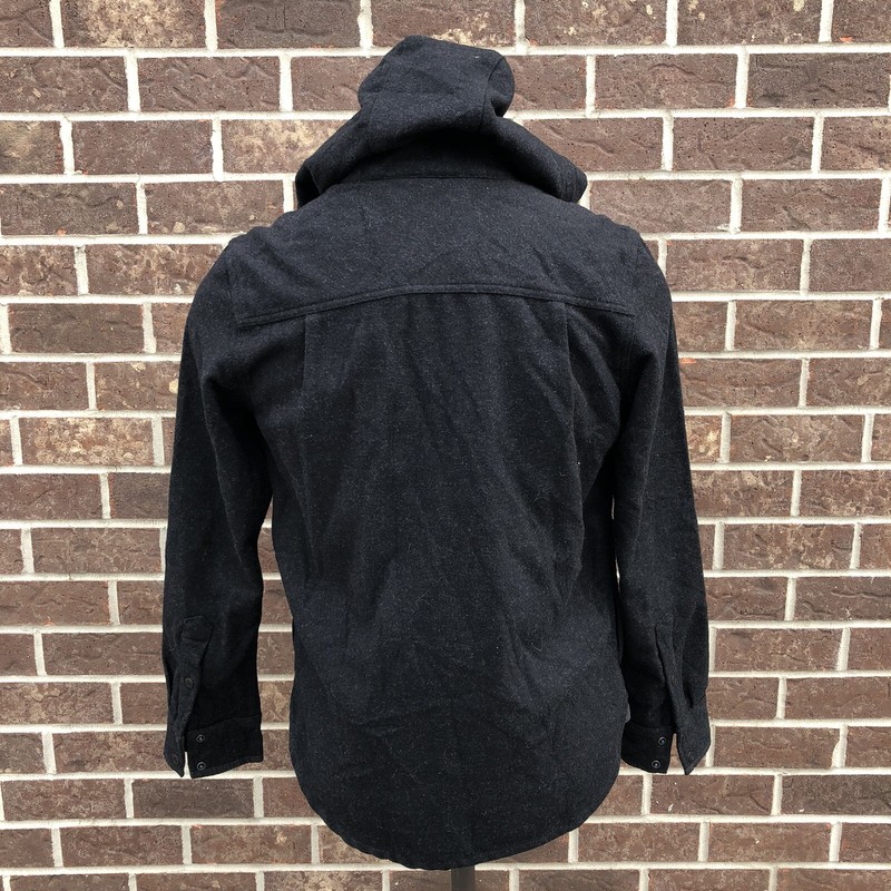 prAna Black BOLSTER HOODED FLANNEL JACKET, Full Snap Wool Blend Men’s Small S gallery