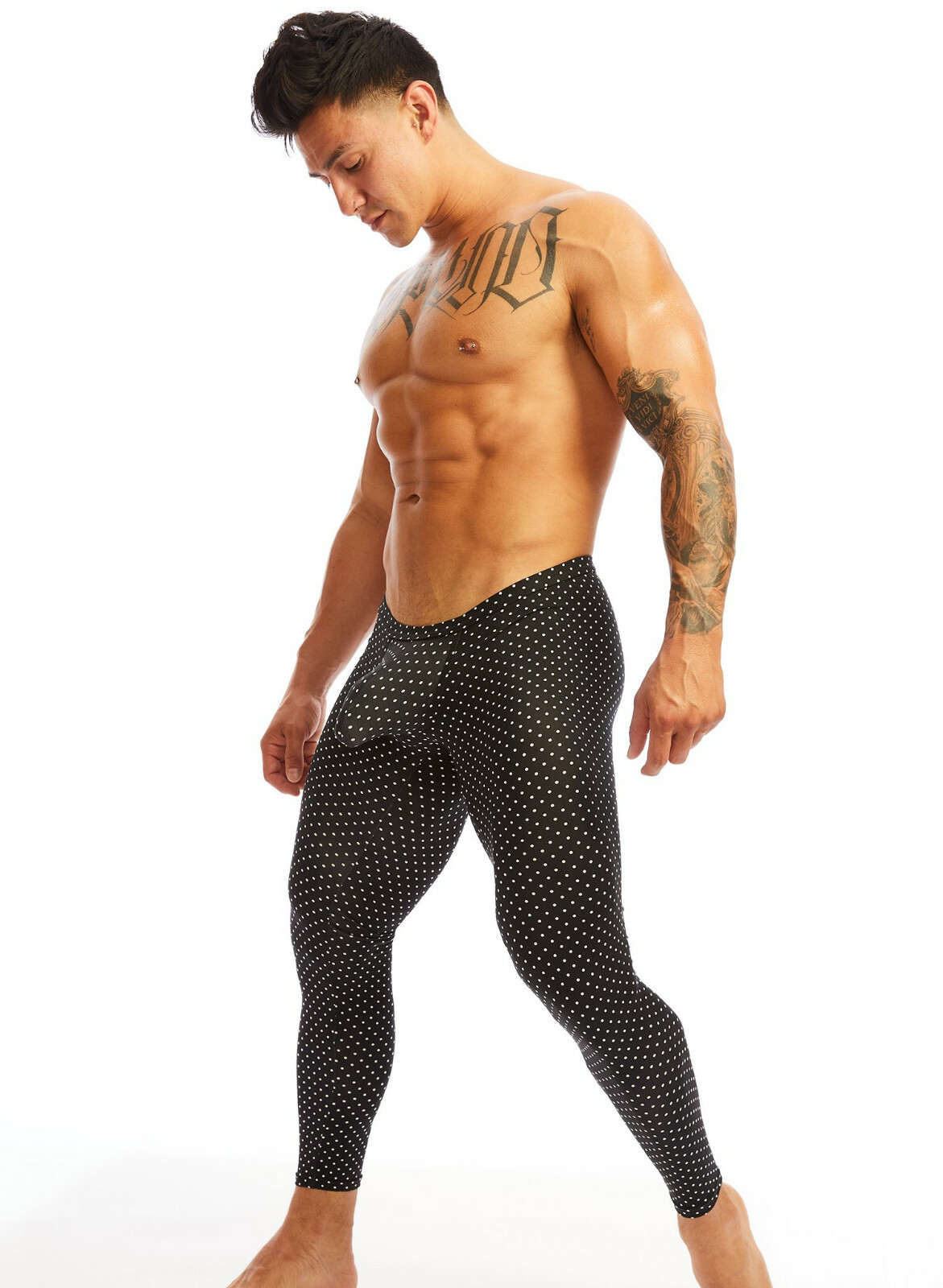 N2N Bodywear Men black Edison polka dot brushed tights size M L gallery