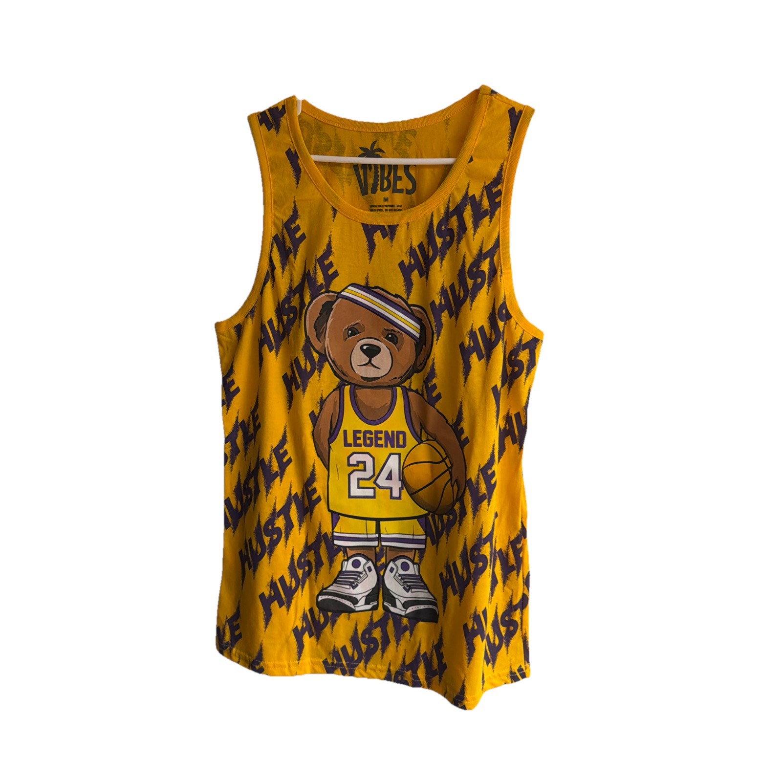 🏀Vibes Hustle Basketball Bear Graphic Yellow Tank Top Men's (M) Lakers Colors gallery