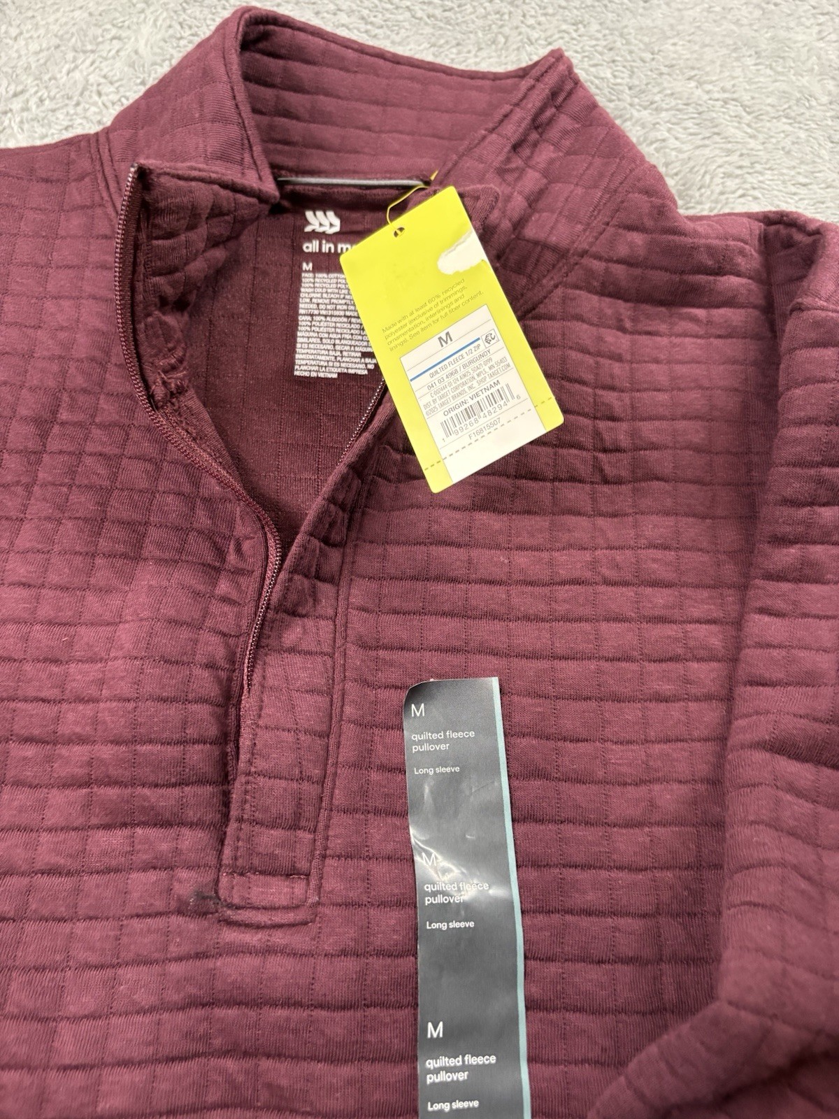 All in Motion Men's Quilted 1/4 Zip Pullover Mock Neck Burgundy Size M gallery