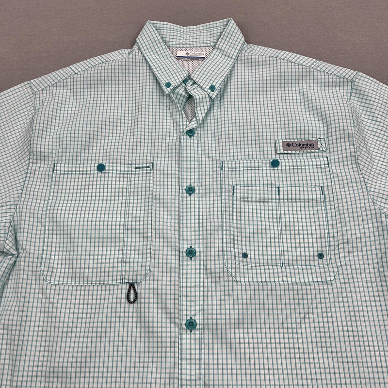Columbia PFG Omni-Shade Shirt Mens M Green Check Short Sleeve Button Fishing gallery