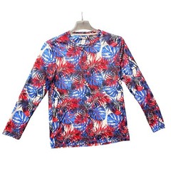 Reel Legends Performance Shirt Small Red Blue Tropical Monstera Leaf Rash Guard