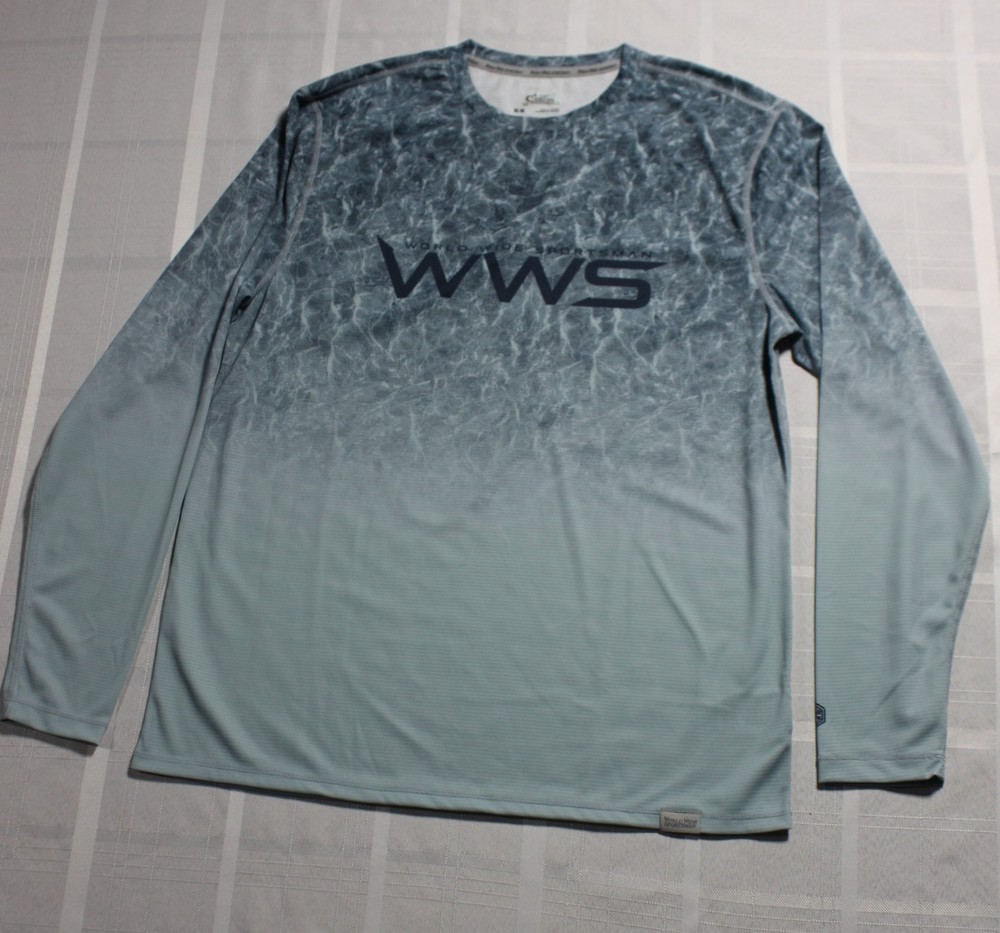 World Wide Sportsman Shirt "HUK" Medium Blue Camo Long Sleeve Fishing UPF30 NWOT