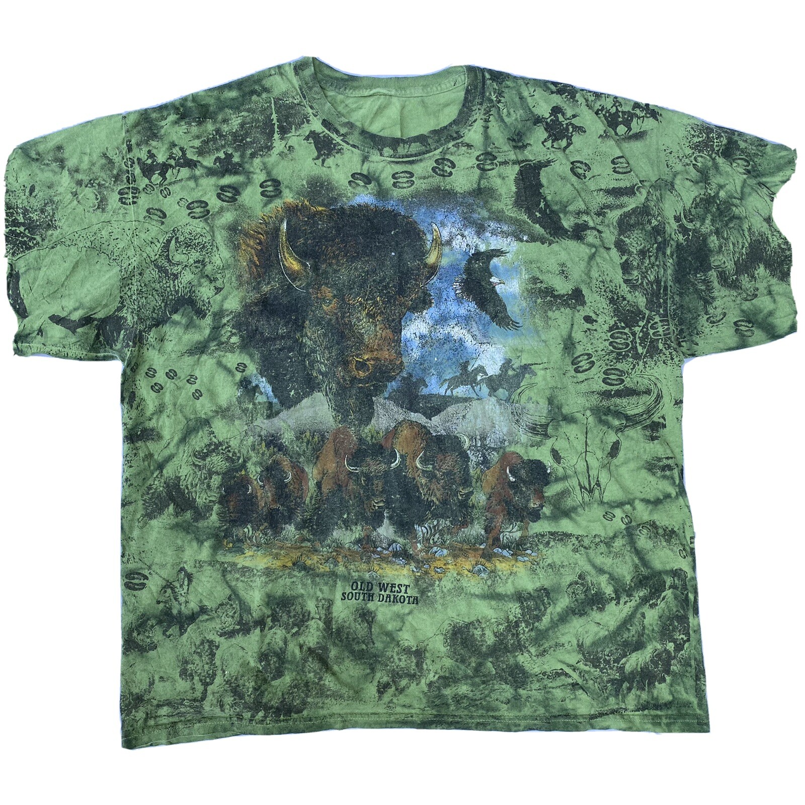 Buffalo Bison DISTRESSED T-Shirt XL Green ALL OVER Print Camo Native American gallery