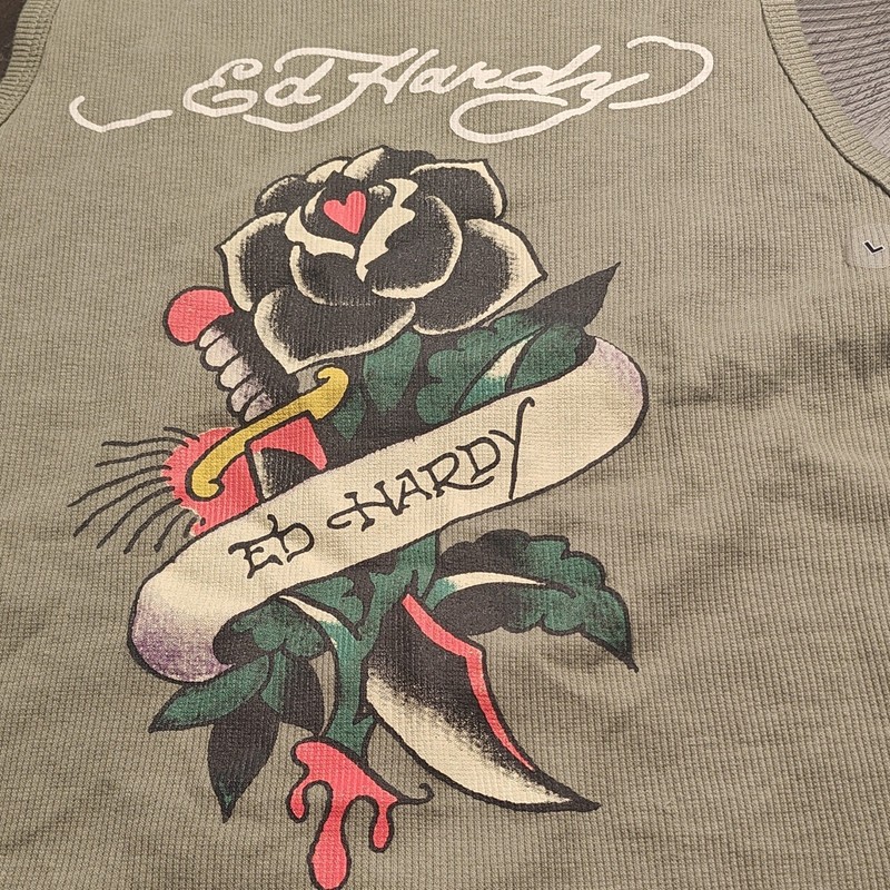 Ed Hardy Olive Black Rose Graphic Sleeveless Tank Top Men's Size L gallery