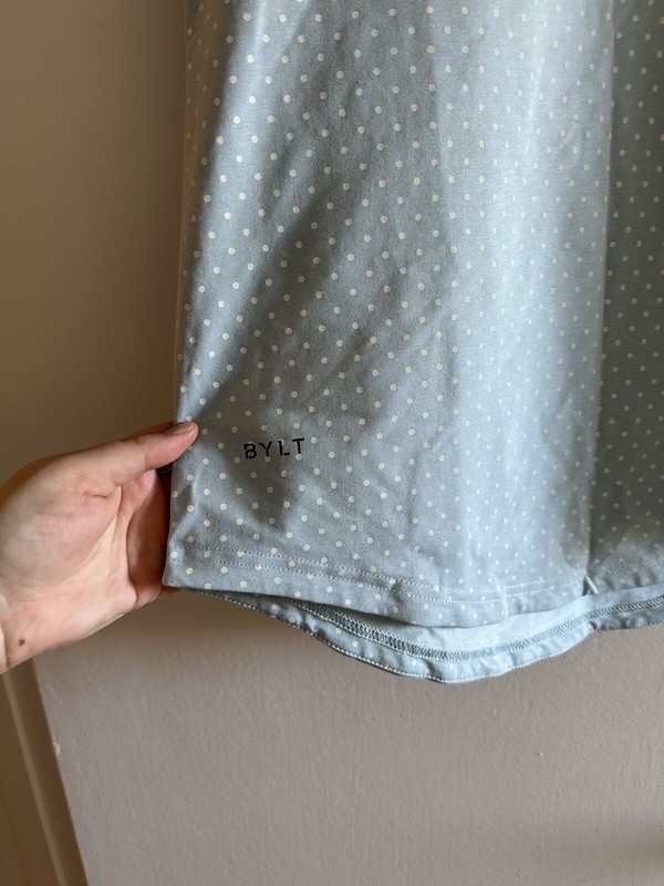 NWT AS IS BYLT Premium Basics Light Blue Polka Dot Drop Cut Short Sleeve Top gallery